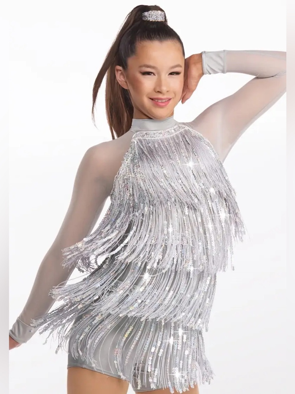 Weissman style 13016, Silver Sequin Fringe Dance Costume. Size IC. NWOT.